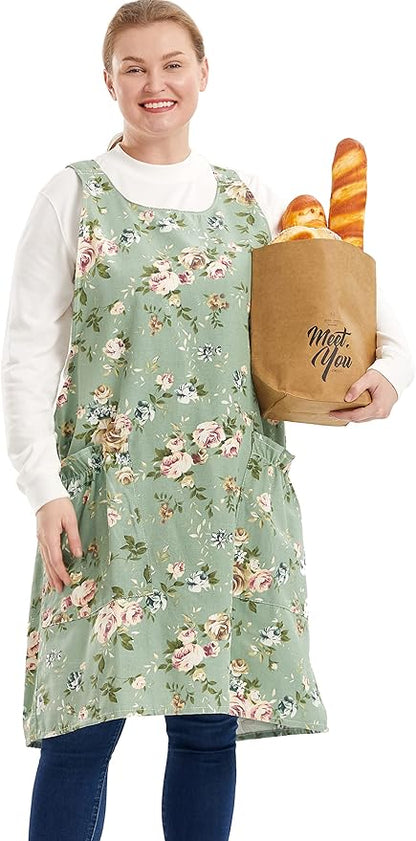 Big Plus Size Aprons for Women with Pockets Cotton Linen Baking Kitchen Cooking
