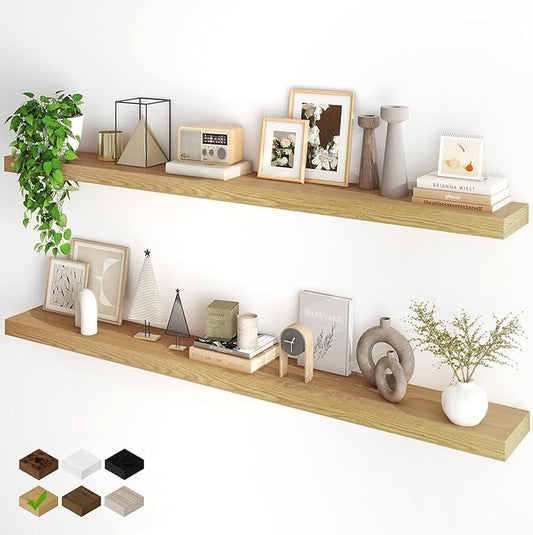 Fun Memories 66 Inch Fireplace Mantel - Long Floating Shelf, Wall Mounted Farmhouse Display with Invisible Heavy Duty Metal Bracket, Oak, 2 Pack