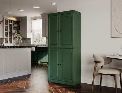 Palace Imports Solid Wood Kitchen Pantry Cabinet - 71.5" Tall x 32" Wide - Wooden Storage Cabinet with 4 Doors & Adjustable Shelves, Green, 100% Renewable Eco-Friendly Wood, Made in Brazil