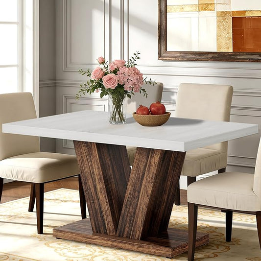 Oigavfd 47 Inch Dining Table, Rectangular Kitchen Table for 4 with Heavy Duty Pedestal Base, Modern Farmhouse Wood Dining Table for Dining Room, Kitchen, and Small Space (White and Brown)
