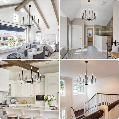 Black Chandelier, 12-Light Farmhouse Chandeliers for Dining Room, Classic Candle Ceiling Pendant Light Fixture for Living Room, Foyer, Kitchen Island, Bedroom, Entryway