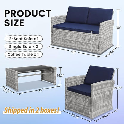 KROFEM 4-Piece Patio Furniture Set, Wicker Outdoor Rattan Sectional Sofa with Cushions and Glass Table, All-Weather Outdoor Conversation Set, Ideal for Garden, Porch, Backyard, Navy