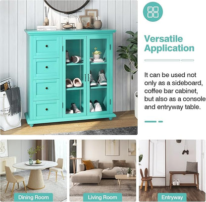 Giantex Buffet Sideboard with Storage - Kitchen Pantry Cabinet with 2 Doors, 4 Drawers, Adjustable Shelf, Freestanding Cupboard Credenza for Kitchen Living Room (Green)