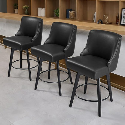 Counter Height Bar Stools Set of 2, Swivel Barstools with Backs and Wood Legs, Faux Leather Upholstered Counter Stools for Kitchend Island, Mid-Century Modern 26" Seat Height Bar Chairs, Black