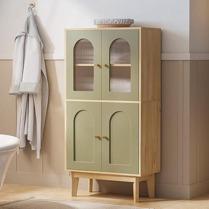 LIKIMIO Bathroom Storage Cabinet, Wooden Floor Cabinet with 4 Doors, 2 Adjustable Shelves & Solid Wood Legs, Freestanding Storage Unit for Bathroom, Kitchen, or Dining Room