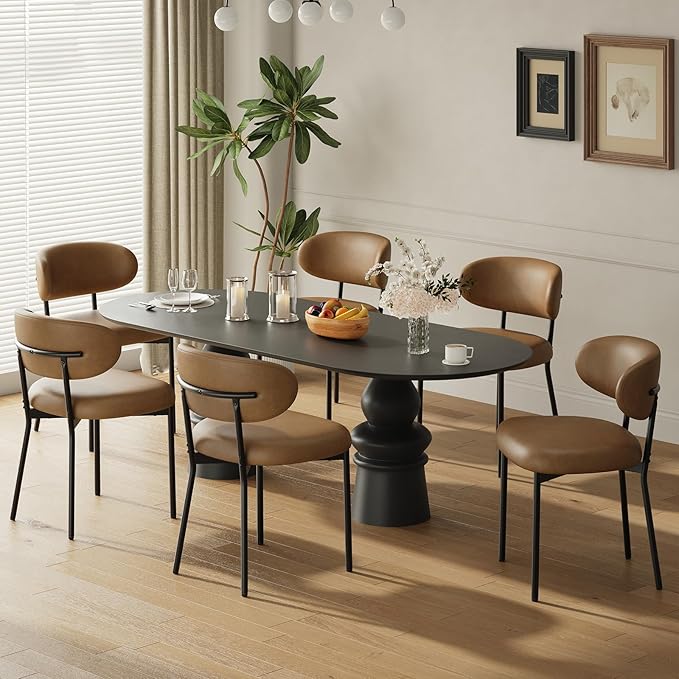 Upholstered Dining Chairs Set of 6, Modern Faux Leather Kitchen Chairs with Curved Backrest and Cushioned Seat, Sturdy Metal Legs, Comfortable Accent Chairs for Kitchen Dining Room, Living Room,Brown