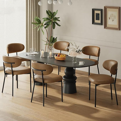 Upholstered Dining Chairs Set of 6, Modern Faux Leather Kitchen Chairs with Curved Backrest and Cushioned Seat, Sturdy Metal Legs, Comfortable Accent Chairs for Kitchen Dining Room, Living Room,Brown