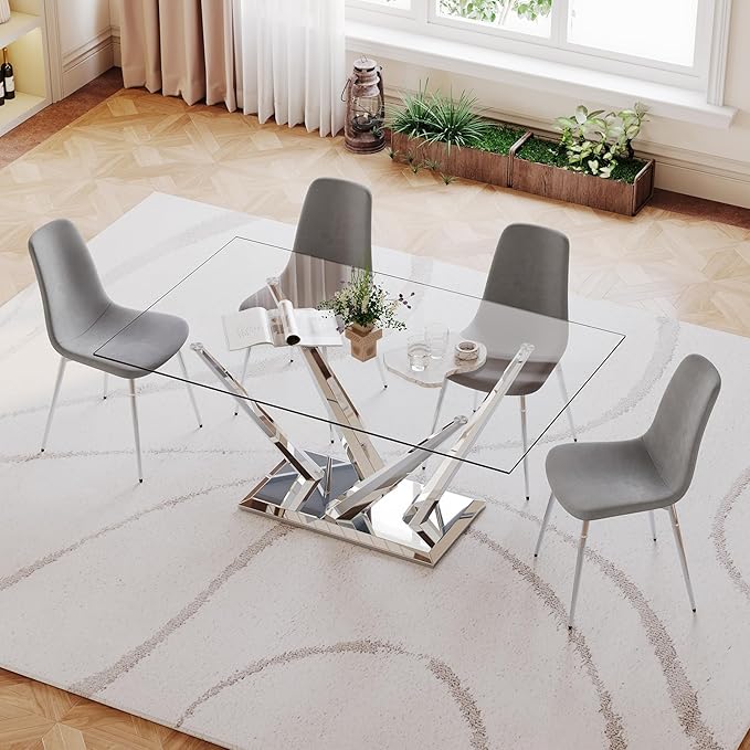Luxury Silver Glass Dining Table for 4-6 Modern 63-Inch Rectangular Kitchen & Dining Room Table with Double V-Shape Stainless Steel Base Large Clear Glass Top Dining Table for Home Office