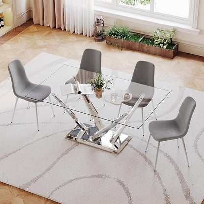 Luxury Silver Glass Dining Table for 4-6 Modern 63-Inch Rectangular Kitchen & Dining Room Table with Double V-Shape Stainless Steel Base Large Clear Glass Top Dining Table for Home Office