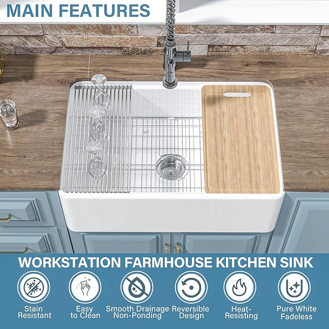 White Farmhouse Workstation Sink 30 x 20 Inch, Firecaly Apron Front Undermount Farm Kitchen Sink, Heavy Duty Deep Single Bowl, Reversible (Sleek & Fluted Optional), Pure White, for Kitchen