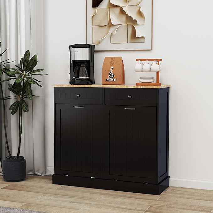 Ball & Cast Double Tilt Out Trash Cabinet with 2 Drawers Multifunctional 10 Gallons Hidden Garbage Can for Kitchen, Bathroom, Laundry and Living Room,Standing Laundry Sorter,Black