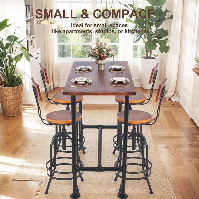 LOKKHAN Rectangular Dining Table for 4, (47.3" L x 41.3" H x 23.6" W), Heavy Duty Metal Pipe, Solid Wood Desktop, Home Kitchen Bar Office Cafe Pub, Rustic Industrial, Black & Brown