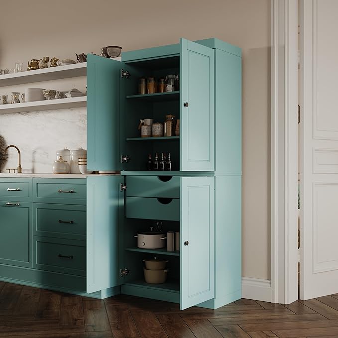 Palace Imports Solid Wood Kitchen Pantry Cabinet - 71.5" H x 32" W, Tall Storage Cupboard - Aqua, Adjustable Shelves & 2-Drawer Kit for Living Space, 100% Renewable Eco-Friendly Wood, Made in Brazil