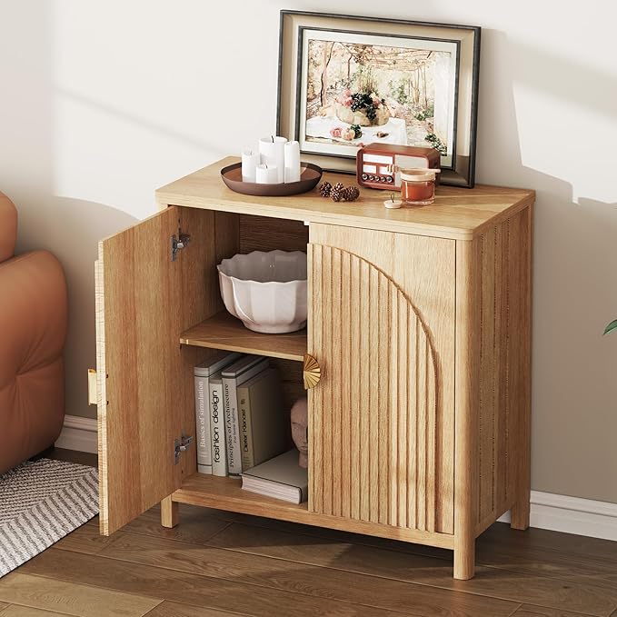 Sideboard Cabinet with Storage - 63” Large Kitchen Buffet Table, Adjustable Shelf & 4 Fluted Doors Farmhouse Coffee Bar for Living Room Dining Room Entryway, Wood