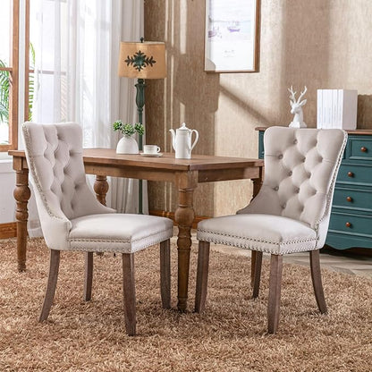 INCLAKE Dining Chairs Set of 2, Velvet Upholstered Dining Room Side Chairs with Button Tufted Back, Nailhead Trim & Wooden Legs, Modern Counter Height Bar Stools for Home Kitchen Island, Beige