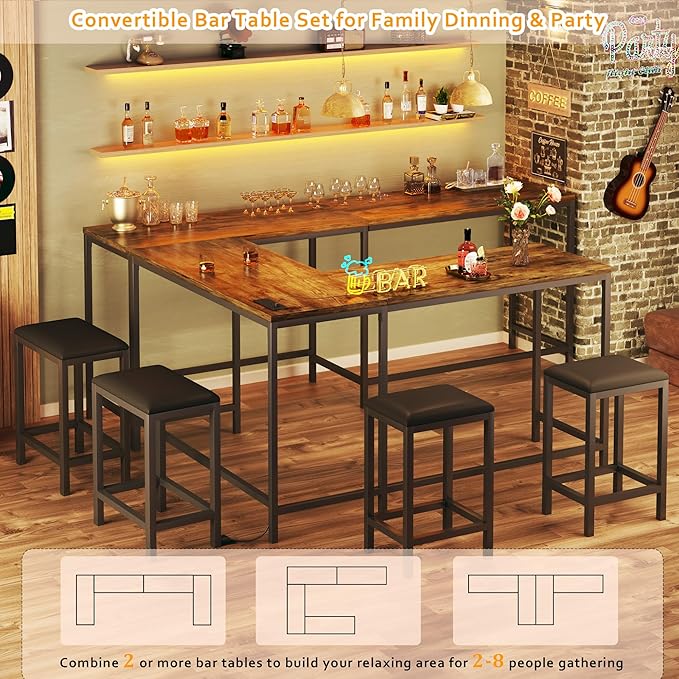L Shaped Bar Table with Stools, 63‘’ Bar Height Table with Power Outlets, Convertible Corner Counter Height Bar Table with 2 Stools, Rectangular High Top Table for Small Spaces, Breakfast Nook, Rustic