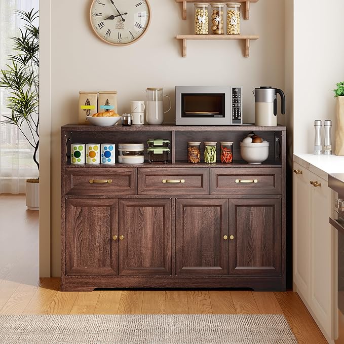 Ahomly 51" Buffet Cabinet with Adjustable Storage, Charging Port - 3 Drawers & 4 Doors Large Sideboard, Multi - Scene Coffee Bar/Microwave Stand for Kitchen,Living Room,Entryway（Brown）