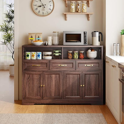 Ahomly 51" Buffet Cabinet with Adjustable Storage, Charging Port - 3 Drawers & 4 Doors Large Sideboard, Multi - Scene Coffee Bar/Microwave Stand for Kitchen,Living Room,Entryway（Brown）