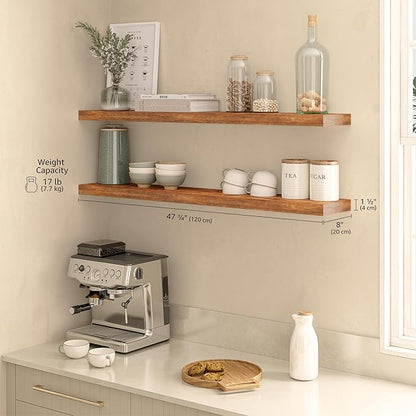 Ballucci Floating Shelves for Wall, 48" Wood Wall Shelf Set of 2, with Invisible Brackets for Bathroom, Living Room, Bedroom, Kitchen, Nursery, 8" Deep, Rustic Brown