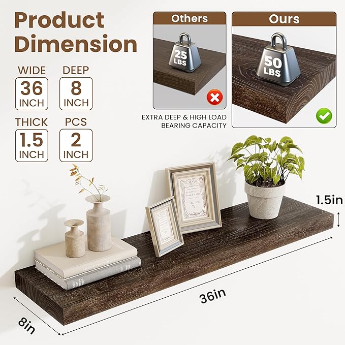 Acovy Extra Deep 36" Long Rustic Solid Wood Floating Shelves for Wall, Wall Shelves with Invisible Bracket for Living Room Bathroom Bedroom Kitchen, Set of 2, Walnut