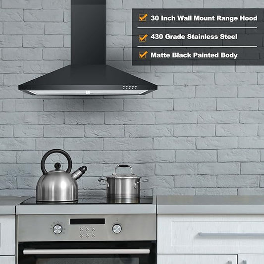 SNDOAS Black Range Hood,Wall Mount Range Hood 30 inch,Stainless Steel Kitchen Hood with Ducted/Ductless Convertible,Stove Vent Hood,Aluminum Filters,3 Speed Exhaust Fan,LED Light,Button Control
