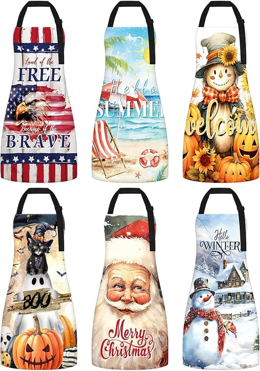 Bencailor 6 Pcs Spring Kitchen Aprons with Pockets Flower Rooster Bee Butterfly Sunflower Summer Aprons Bulk for Women(Colorful,Mixed Festival)