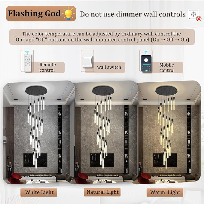Flashing God Black 28 Lights Large Foyer Chandeliers for High Ceilings 12 feet Long Spiral Stair Pendant Chandelier Crystal Ceiling Light Fixtures Dimmable 2700k-4500k-6000k