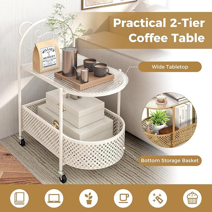 Giantex Mobile Glass Coffee Table, 2-Tier Modern Cocktail Table with Bear Pattern, Storage Basket & Metal Frame, Sofa Side Tea Table on Lockable Wheels, Center Table for Living Room, Bedroom (White)