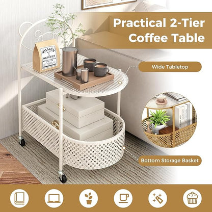 Giantex Mobile Glass Coffee Table, 2-Tier Modern Cocktail Table with Bear Pattern, Storage Basket & Metal Frame, Sofa Side Tea Table on Lockable Wheels, Center Table for Living Room, Bedroom (White)