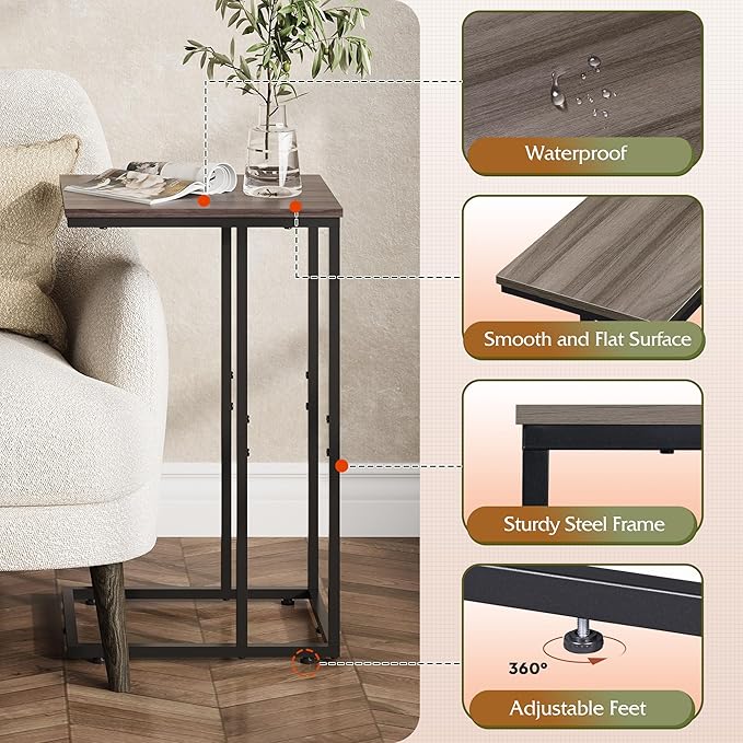 WLIVE C Shaped End Tables Set of 2, C Table Side Table for Couch, TV Trays Set of 2, Couch Side Tables that Slide Under, Small Side Table, C Table for Sofa, Living Room, Bedroom, Small Space, A-Grey