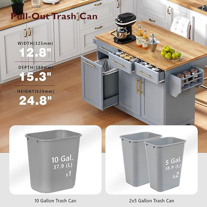 59.3" Kitchen Island with 2 Pull Out Cabinet Organizers & Rubber Wood Drop Leaf, Rolling Kitchen Island with Trash Can Storage, Power Outlet, Spice & Towel Rack for Kitchen, Dining, Grey Blue