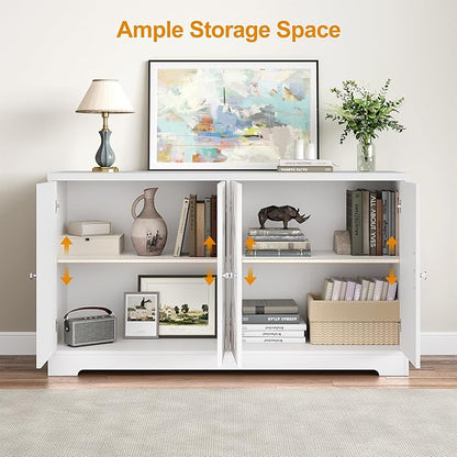 RoyalCraft Sideboard Buffet Cabinet with Storage, 56" Modern Sideboard with 4 Carved Doors and Adjustable Shelves, Large Wood Coffee Bar Console Table for Kitchen, Dining Room, Satin White