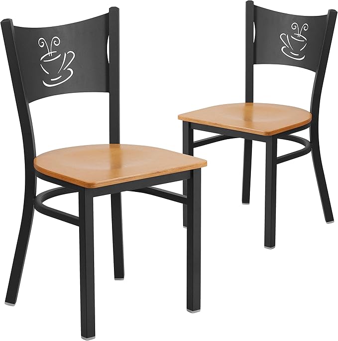 Flash Furniture 2 Pk. HERCULES Series Black Coffee Back Metal Restaurant Chair - Natural Wood Seat