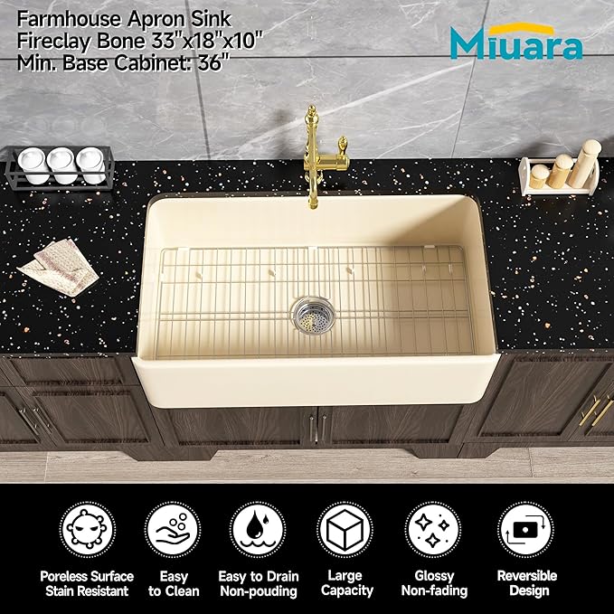 Miuara Bone Farmhouse Sink 33 Inch - Apron Front Kitchen Sink Reversible 33x18x10, Undermount Installation, Farm House Style Single Bowl, Heavy Duty Solid Fireclay, Bone Color, for Kitchen
