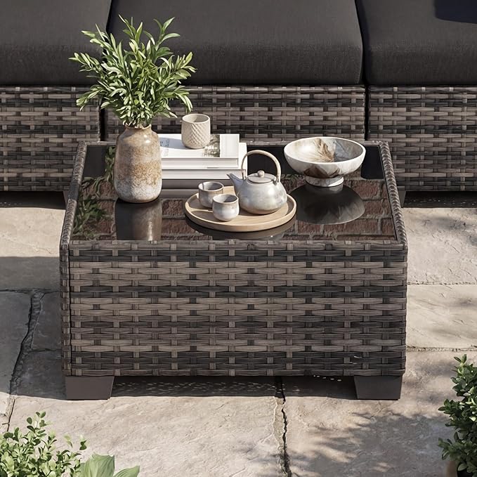 Patio Furniture Set, 7-Piece Outdoor Sectional Couch with Coffee Table & Thick Cushions, Outdoor Wicker Conversation Set for Backyard, Poolside, Garden (White-Black, 7 Piece-Single)