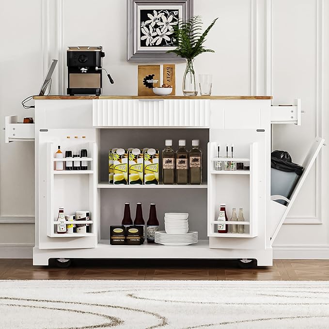 Modern Dining Table Kitchen Island with Drawers, Fluted Design, Power Outlet, Shelves, Mobile Rolling Cart for Dining Room and Kitchen,White-MDF