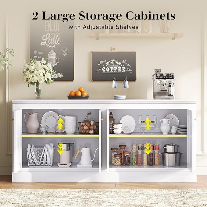 AMERLIFE 72" Farmhouse Sideboard Buffet Cabinet with Barn Doors, Storage Console Table with Adjustable Shelves, Coffee Bar/TV Stand for Living Room, Kitchen, Entryway, White