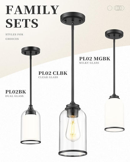 LIROUVET 2 Pack Pendant Lights Kitchen Island, Dual Glass Pendant Lights, Black Hanging Lamp with Clear and Milk Glass, Industrial Pendant Light Fixtures for Dining Room PL02BK-2PK