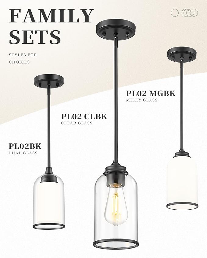 LIROUVET Black Pendant Light Fixtures - Dual Glass Hanging Light, 1-Light Pendant Lights with Clear and Milk Glass, Industrial Pendant Lighting for Kitchen, Dining Room, PL02BK-N