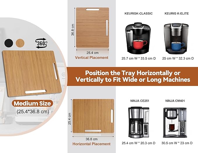 oy&Grace Appliance Slider for Kitchen Appliances 360° Rolling Sliding Tray for Coffee Maker Countertop, Bamboo Coffee Pot Slider Rolling Tray with Universal Rollers (Natural, Medium 14.5" x 10")