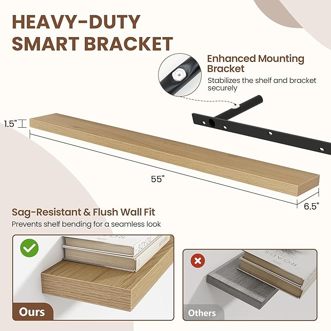 Acovy 55 Inch Floating Shelves for Wall 1 Pack, 55" Wall Shelves for Books, Storage, Decor, Wall Mounted Floating Shelf with Invisible Brackets for Kitchen, Living Room, Oak