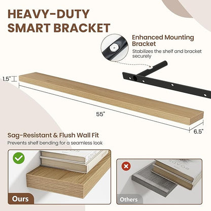 Acovy 55 Inch Floating Shelves for Wall 1 Pack, 55" Wall Shelves for Books, Storage, Decor, Wall Mounted Floating Shelf with Invisible Brackets for Kitchen, Living Room, Oak