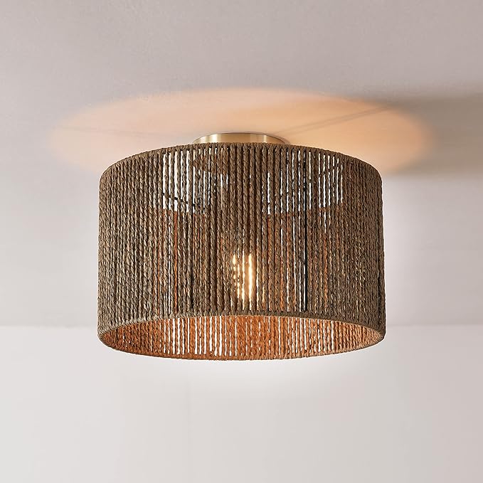GLOBE Electric 65897 1-Light Flush Mount Ceiling Light, Matte Brass, Paper Twine Shade