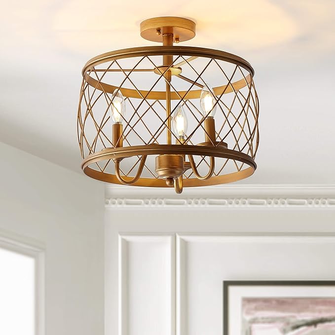 JONATHAN Y 15" Antiqued Gold LED Semi Flush Mount Ceiling Light, 3-Light Modern Industrial Drum Fixture for Bedroom Living Room Hallway, Gold Metal Cage Shade JYL9037A
