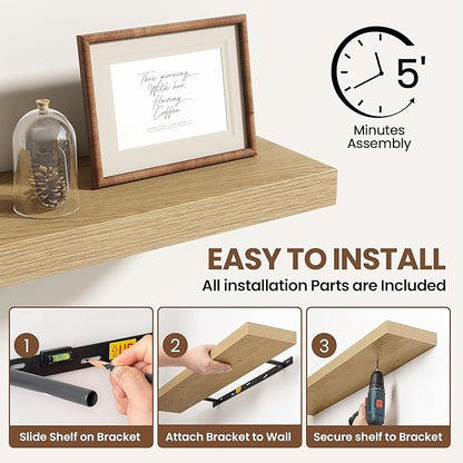 Acovy 72 Inch Floating Shelves for Wall 2 Pack, 72" Wall Shelves for Books, Storage, Decor, Wall Mounted Floating Shelf with Invisible Brackets for Kitchen, Living Room, Oak