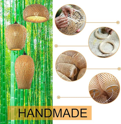 Bamboo Pendant Lights, 3 Headlights E26 E27 Retro Rustic Bamboo Wicker Rattan Woved Chandelier Lamp Shade Light Fixture Ceiling Hanging Light for Bedroom Restaurant Cafe Farmhouse Teahouse Bar Club