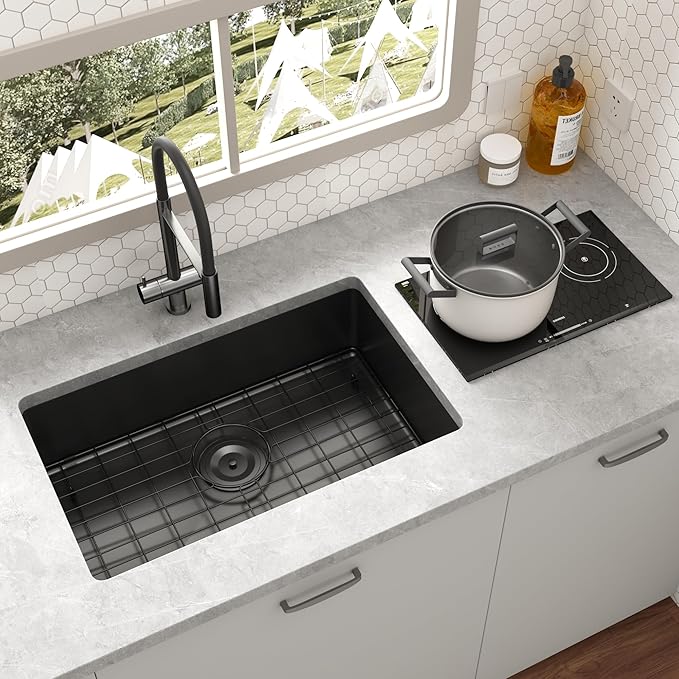 Kitsitchen Black RV Kitchen Sink,SUS304 Stainless Steel Single Bowl Black Undermount Kitchen Sink,7 Inch Depth RV Sink with Strainer & Bottom Gird, Outdoor Camper Prep Sinks(25"x16"x7")