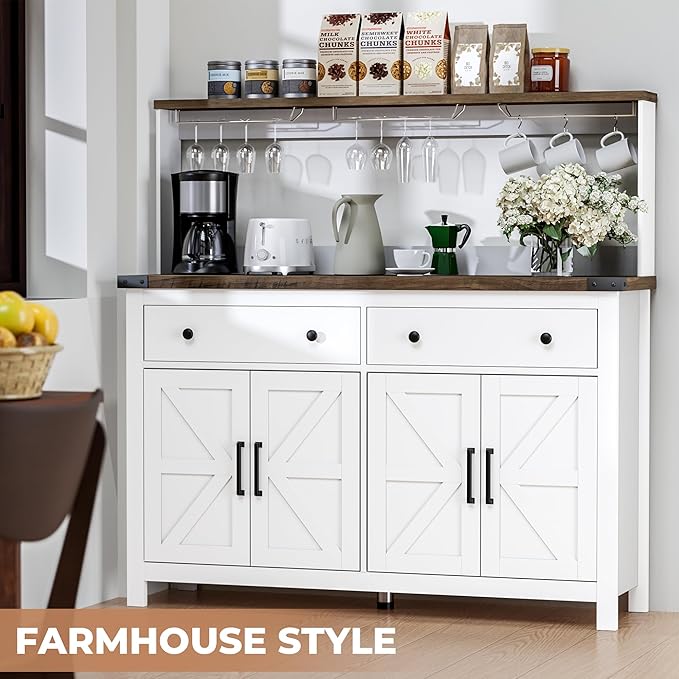 VVFLU Hutch Storage Cabinet Buffet with Drawers, and Charging Station, Coffee Bar Cabinet with Barn Doors, Wine Rack and Hooks, Countertop, Long Farmhouse, White, for Kitchen, Dining Room, 54.1" High