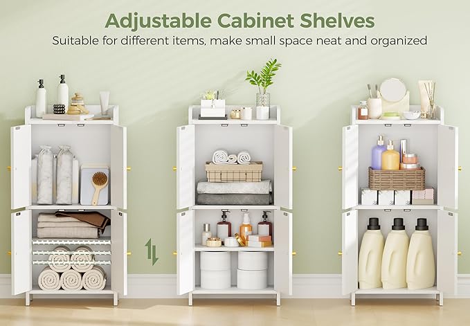 BEWISHOME Small Floor Cabinet, Toilet Paper Storage, Bathroom Storage Cabinet with 4 Doors and Shelves, Bathroom Organizers and Storage for Small Spaces, White 7.9" D x 14.6" W x 31" H YYG11W