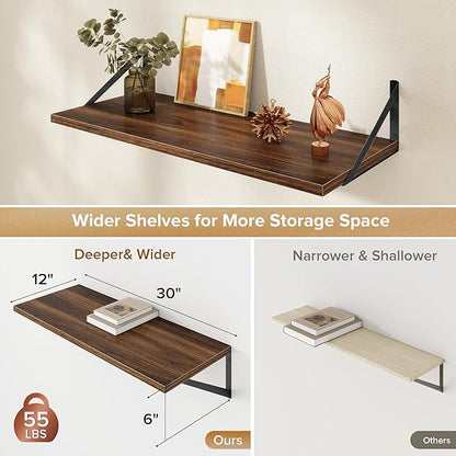 Acovy Deep Floating Shelves Wall Mounted, 30"x12" Walnut Wall Shelves with Brackets Set of 2 for Bedroom, Living Room, Bathroom, Kitchen, Office - Storage & Display Shelf for Decor, Books, Plants